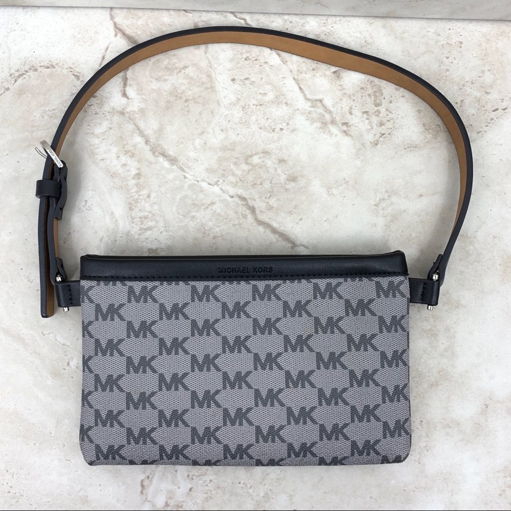 Michael Kors Belt Bag Black Gray Logo Printed Leather Zip Top Fanny Pack Pouch